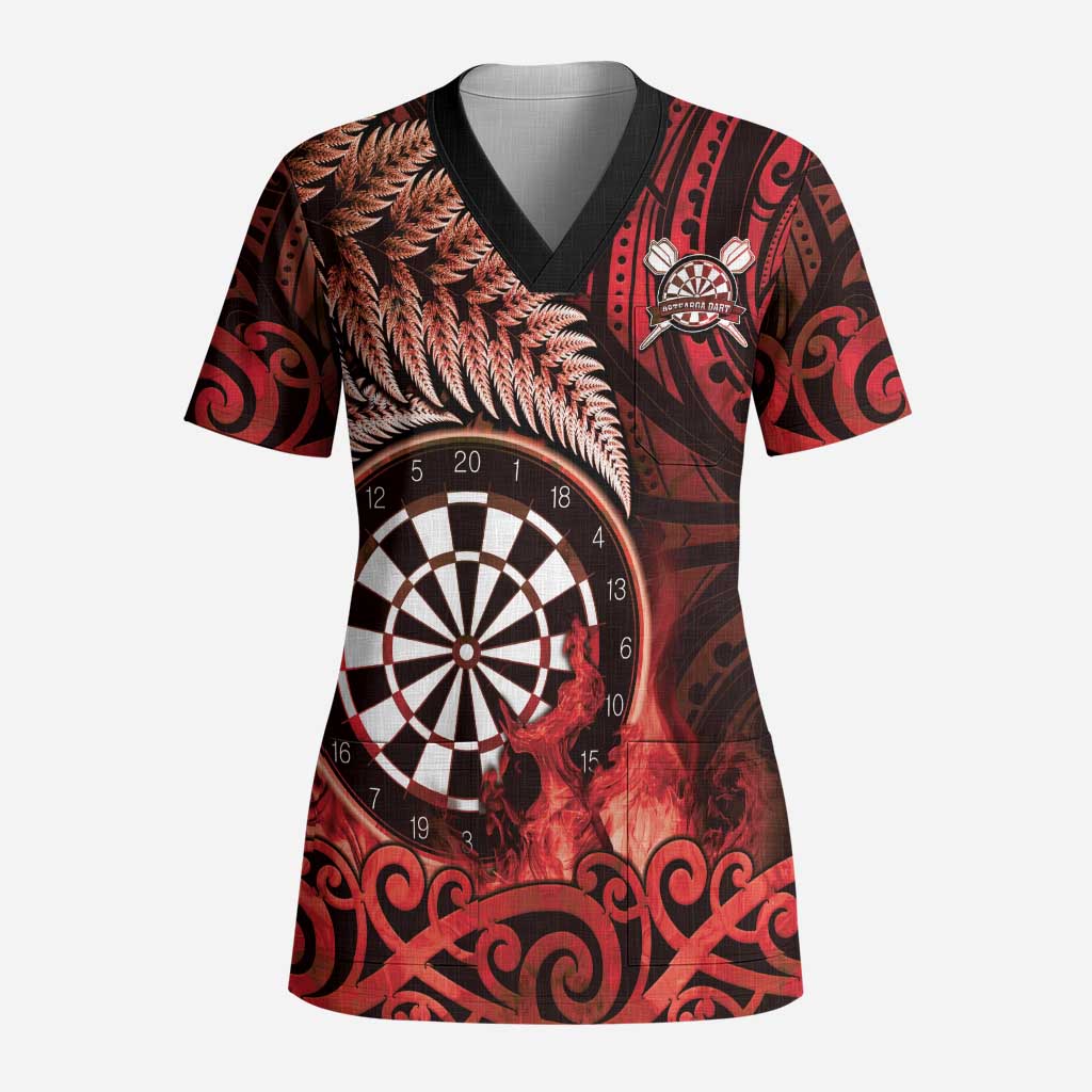 Personalised New Zealand Darts Scrub Top Maori Koru Dartboard Red Flame - Polynesian Pride