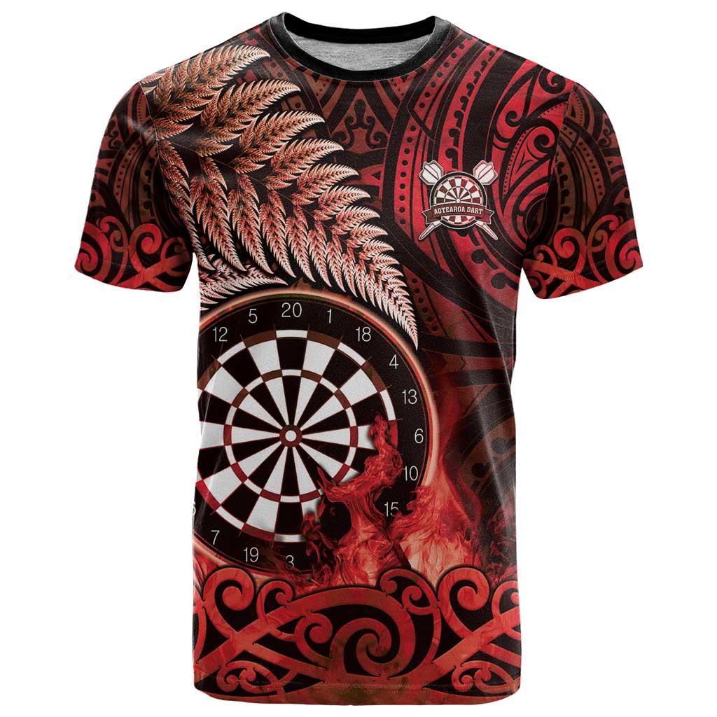 Personalised New Zealand Darts T Shirt Maori Koru Dartboard Red Flame