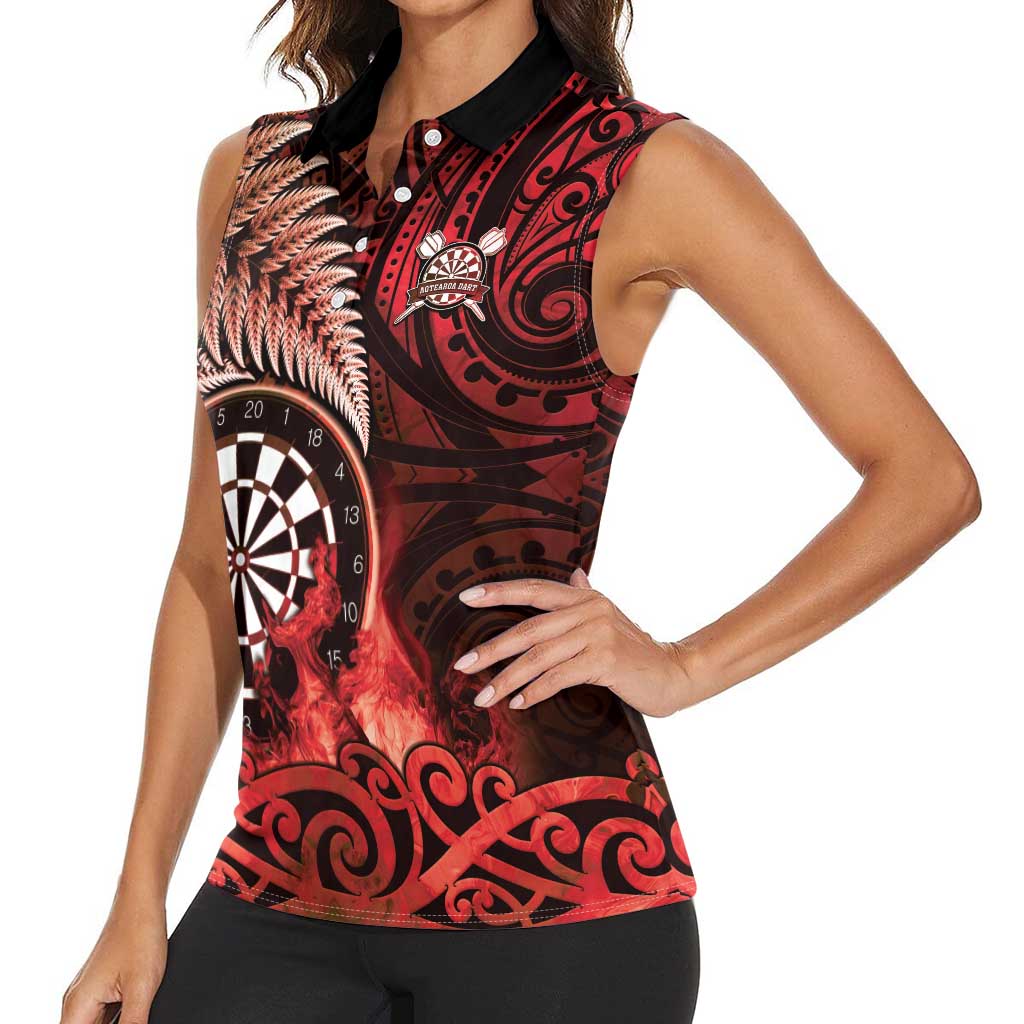 Personalised New Zealand Darts Women Sleeveless Polo Shirt Maori Koru Dartboard Red Flame