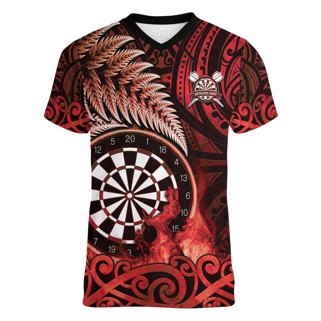 Personalised New Zealand Darts Women V-Neck T-Shirt Maori Koru Dartboard Red Flame