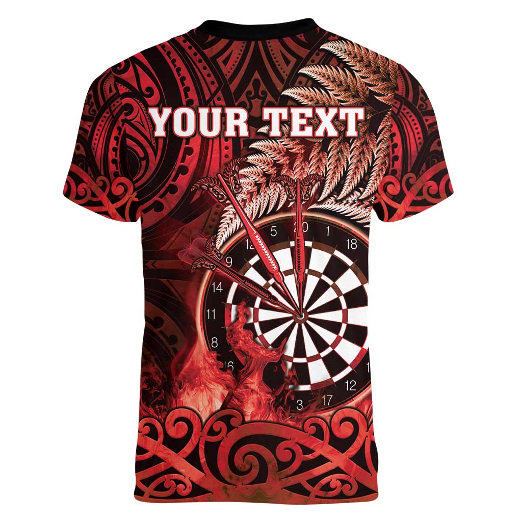 Personalised New Zealand Darts Women V-Neck T-Shirt Maori Koru Dartboard Red Flame