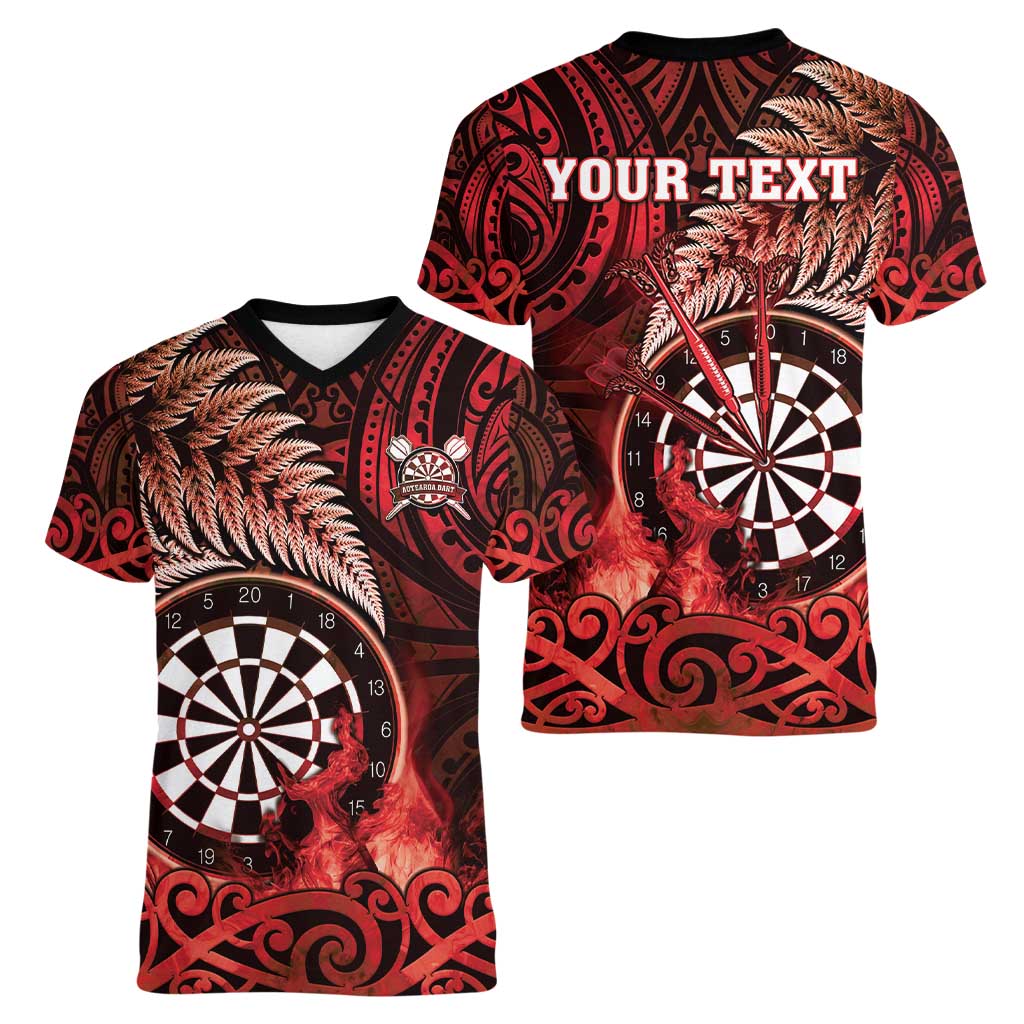 Personalised New Zealand Darts Women V-Neck T-Shirt Maori Koru Dartboard Red Flame