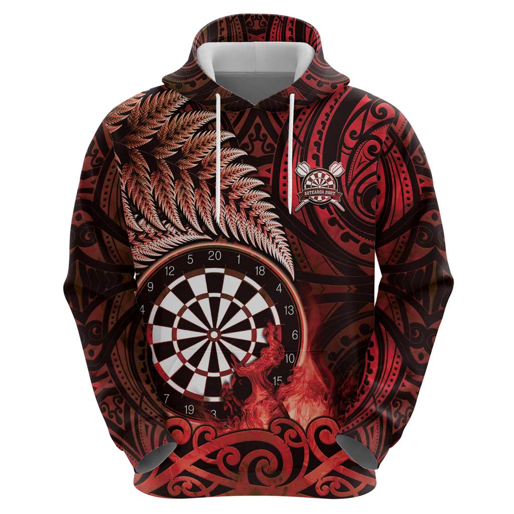 Personalised New Zealand Darts Zip Hoodie Maori Koru Dartboard Red Flame