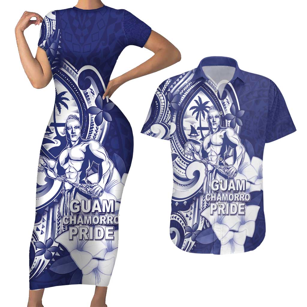 Guam Chief Quipuha Couples Matching Short Sleeve Bodycon Dress and Hawaiian Shirt Polynesian Pattern With Guasali Flowers