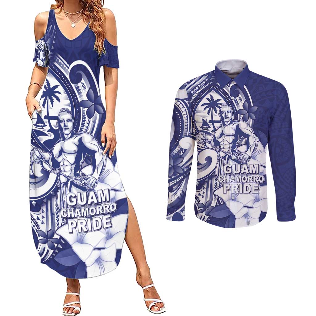 Guam Chief Quipuha Couples Matching Summer Maxi Dress and Long Sleeve Button Shirt Polynesian Pattern With Guasali Flowers