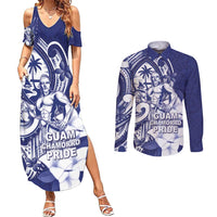 Guam Chief Quipuha Couples Matching Summer Maxi Dress and Long Sleeve Button Shirt Polynesian Pattern With Guasali Flowers