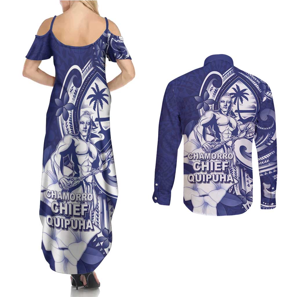 Guam Chief Quipuha Couples Matching Summer Maxi Dress and Long Sleeve Button Shirt Polynesian Pattern With Guasali Flowers