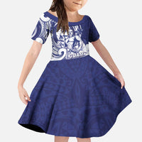Guam Chief Quipuha Family Matching Long Sleeve Bodycon Dress and Hawaiian Shirt Polynesian Pattern With Guasali Flowers LT05 Daughter's Dress Navy - Polynesian Pride