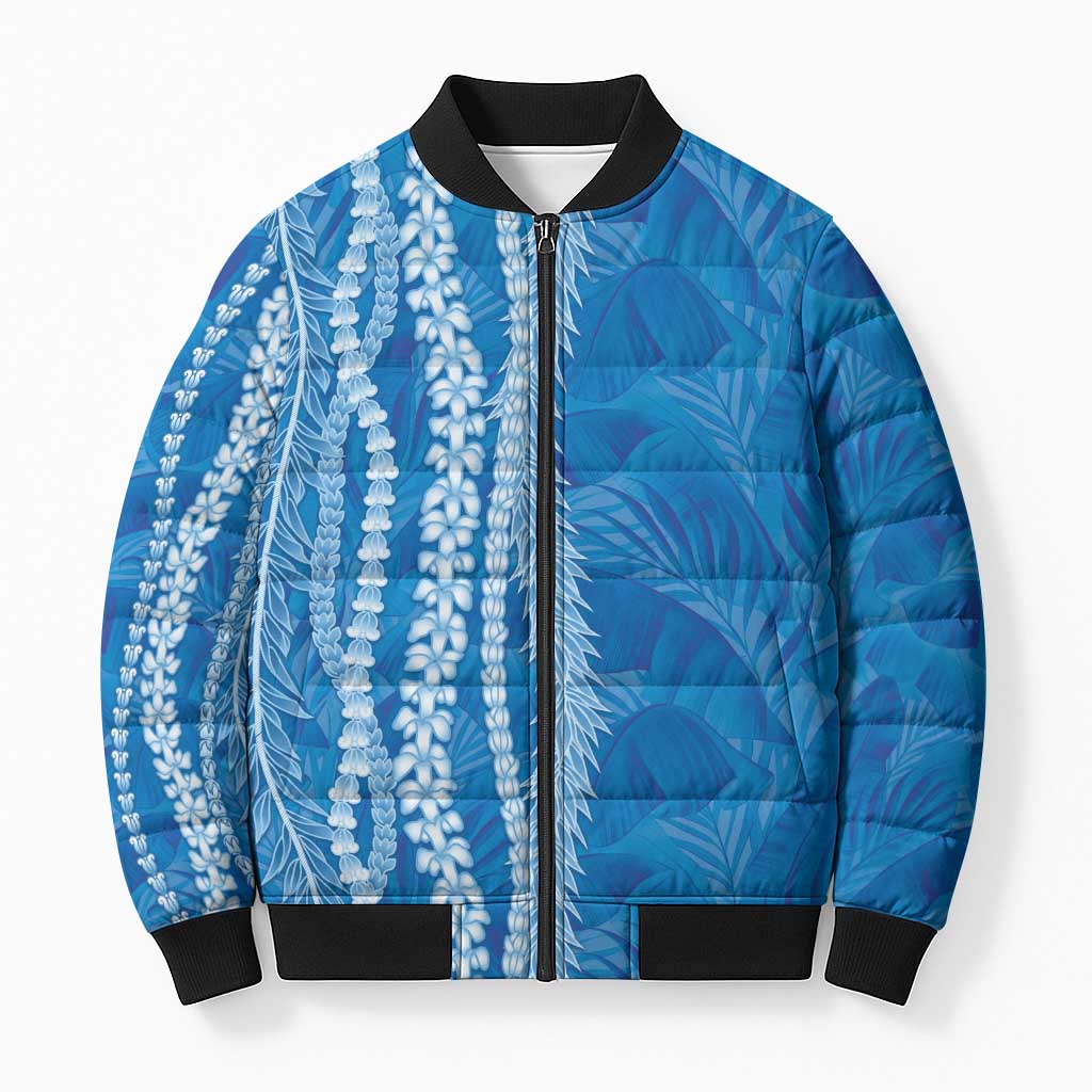 Hawaii Prince Kuhio Bomber Puffer Jacket Blue Hawaiian Lau Maia With Leis