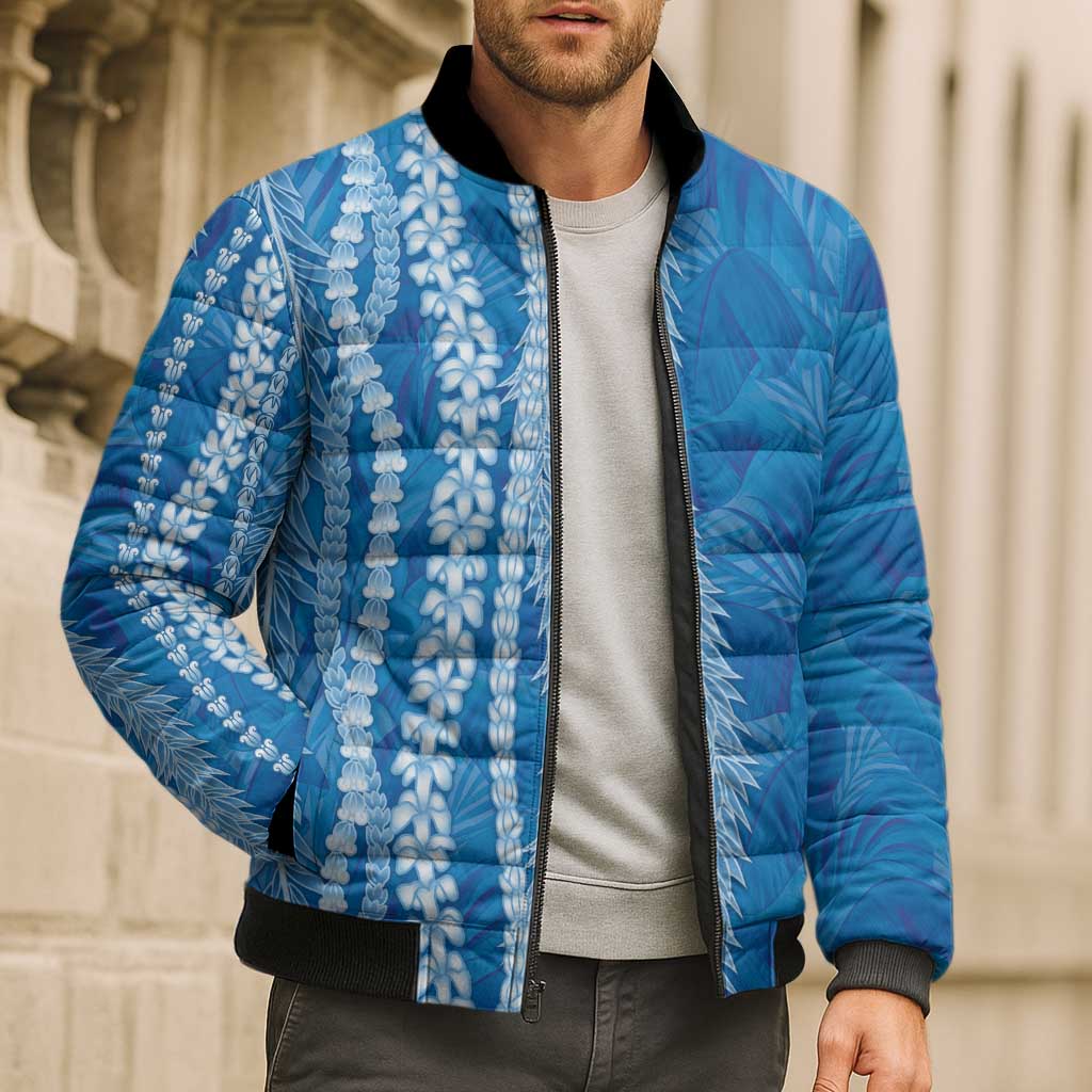 Hawaii Prince Kuhio Bomber Puffer Jacket Blue Hawaiian Lau Maia With Leis