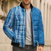 Hawaii Prince Kuhio Bomber Puffer Jacket Blue Hawaiian Lau Maia With Leis