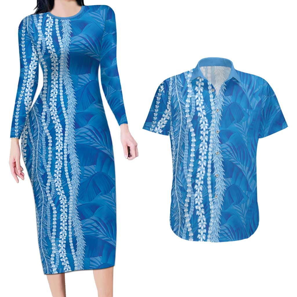 Hawaii Prince Kuhio Couples Matching Long Sleeve Bodycon Dress and Hawaiian Shirt Blue Hawaiian Lau Maia With Leis LT05 Blue - Polynesian Pride