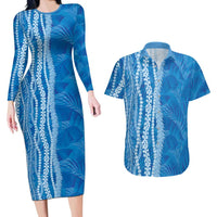 Hawaii Prince Kuhio Couples Matching Long Sleeve Bodycon Dress and Hawaiian Shirt Blue Hawaiian Lau Maia With Leis LT05 Blue - Polynesian Pride