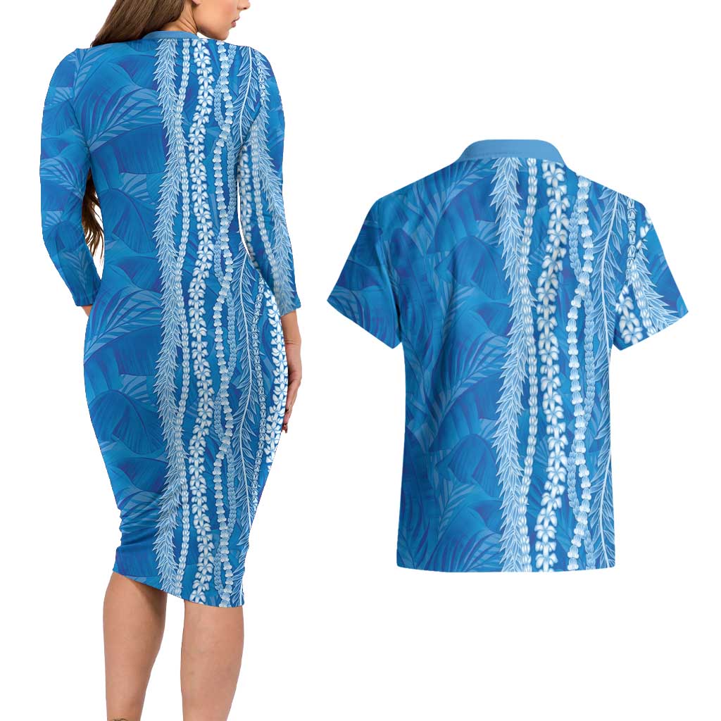 Hawaii Prince Kuhio Couples Matching Long Sleeve Bodycon Dress and Hawaiian Shirt Blue Hawaiian Lau Maia With Leis LT05 - Polynesian Pride