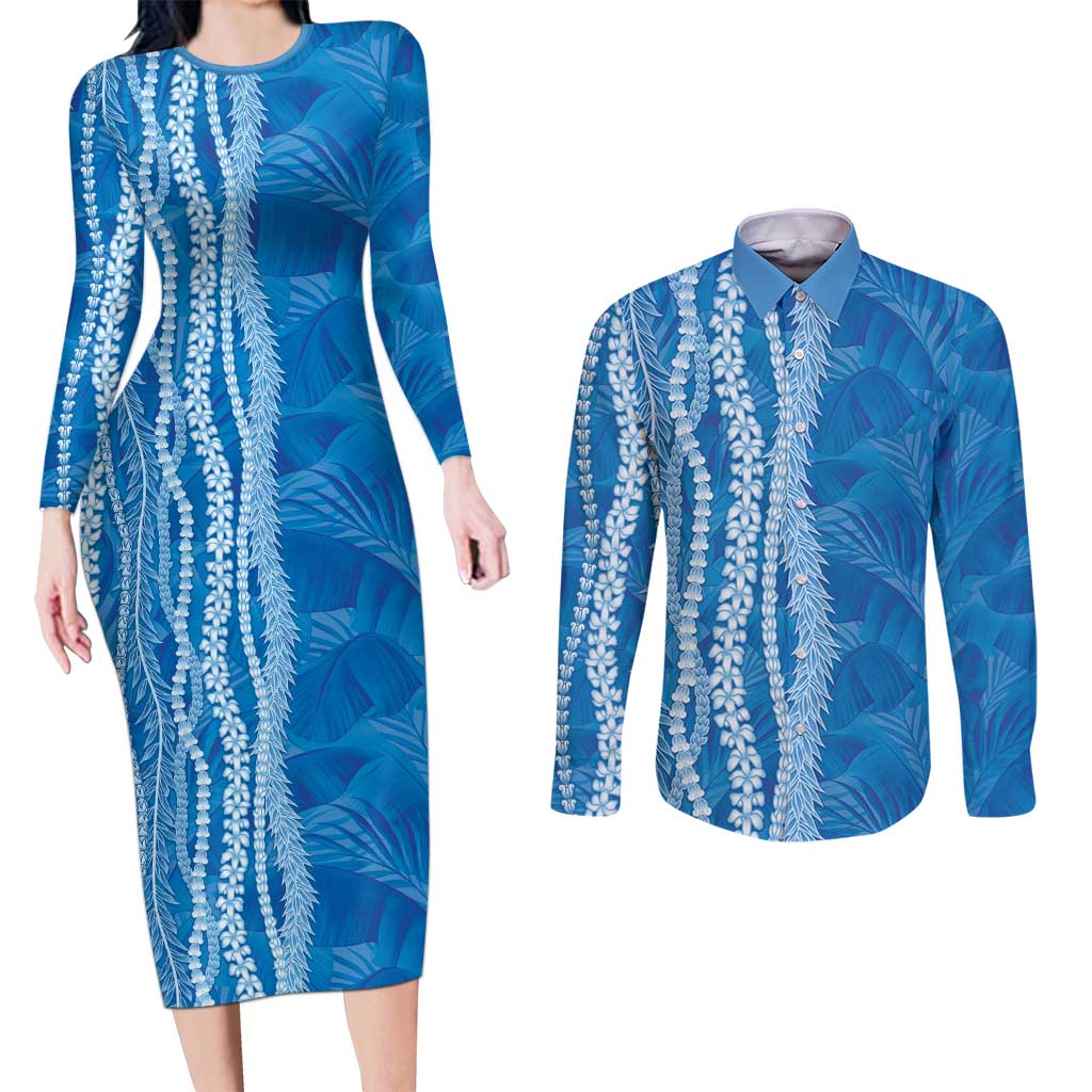 Hawaii Prince Kuhio Couples Matching Long Sleeve Bodycon Dress and Long Sleeve Button Shirt Blue Hawaiian Lau Maia With Leis