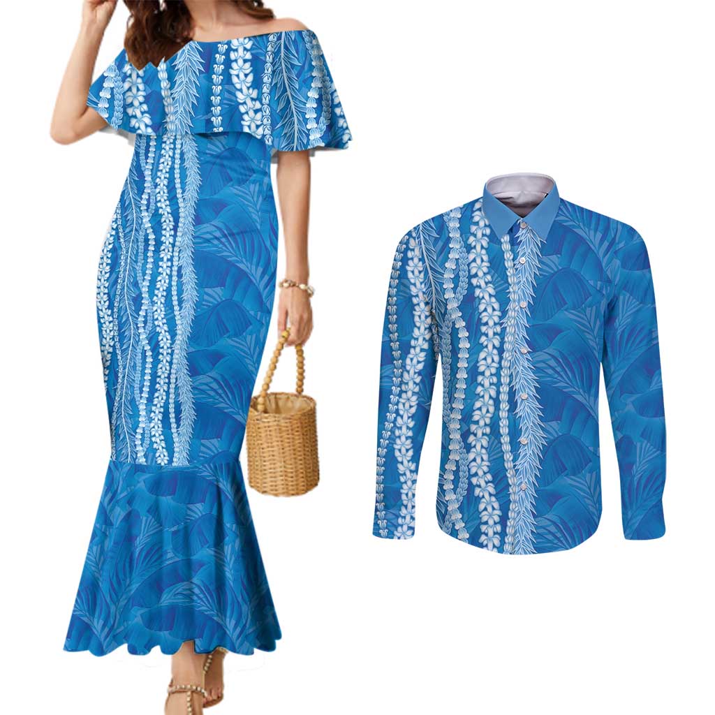 Hawaii Prince Kuhio Couples Matching Mermaid Dress and Long Sleeve Button Shirt Blue Hawaiian Lau Maia With Leis
