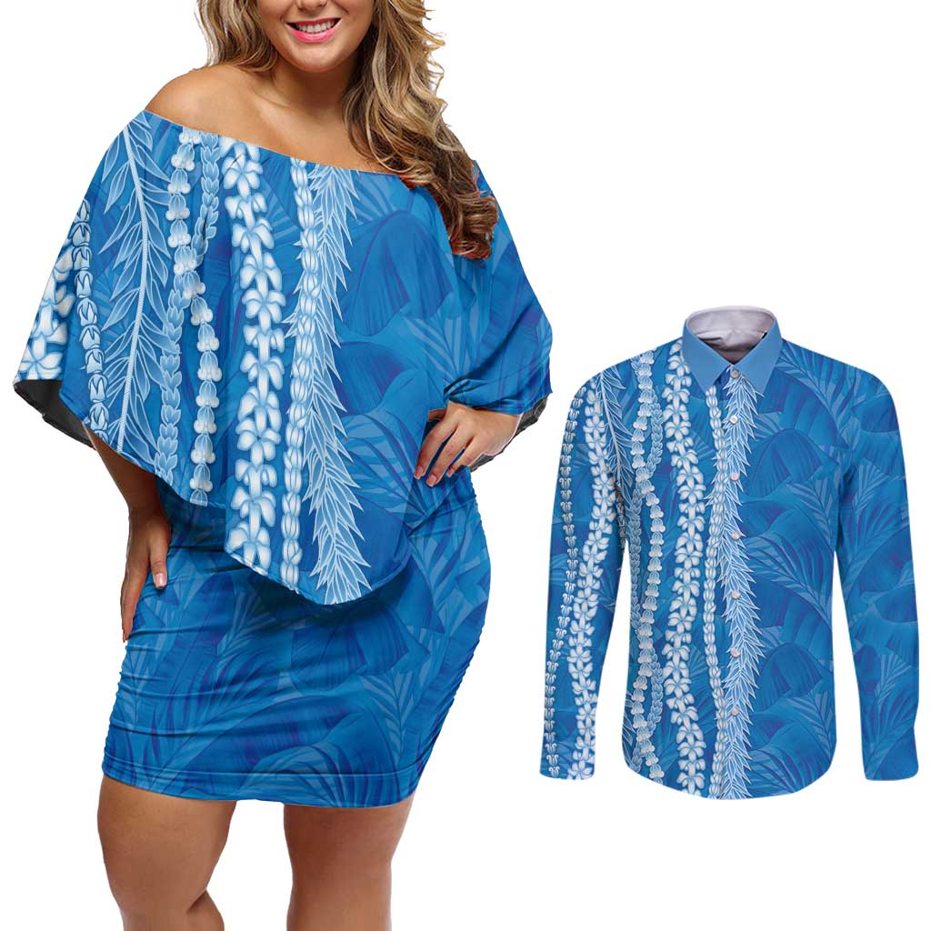 Hawaii Prince Kuhio Couples Matching Off Shoulder Short Dress and Long Sleeve Button Shirt Blue Hawaiian Lau Maia With Leis