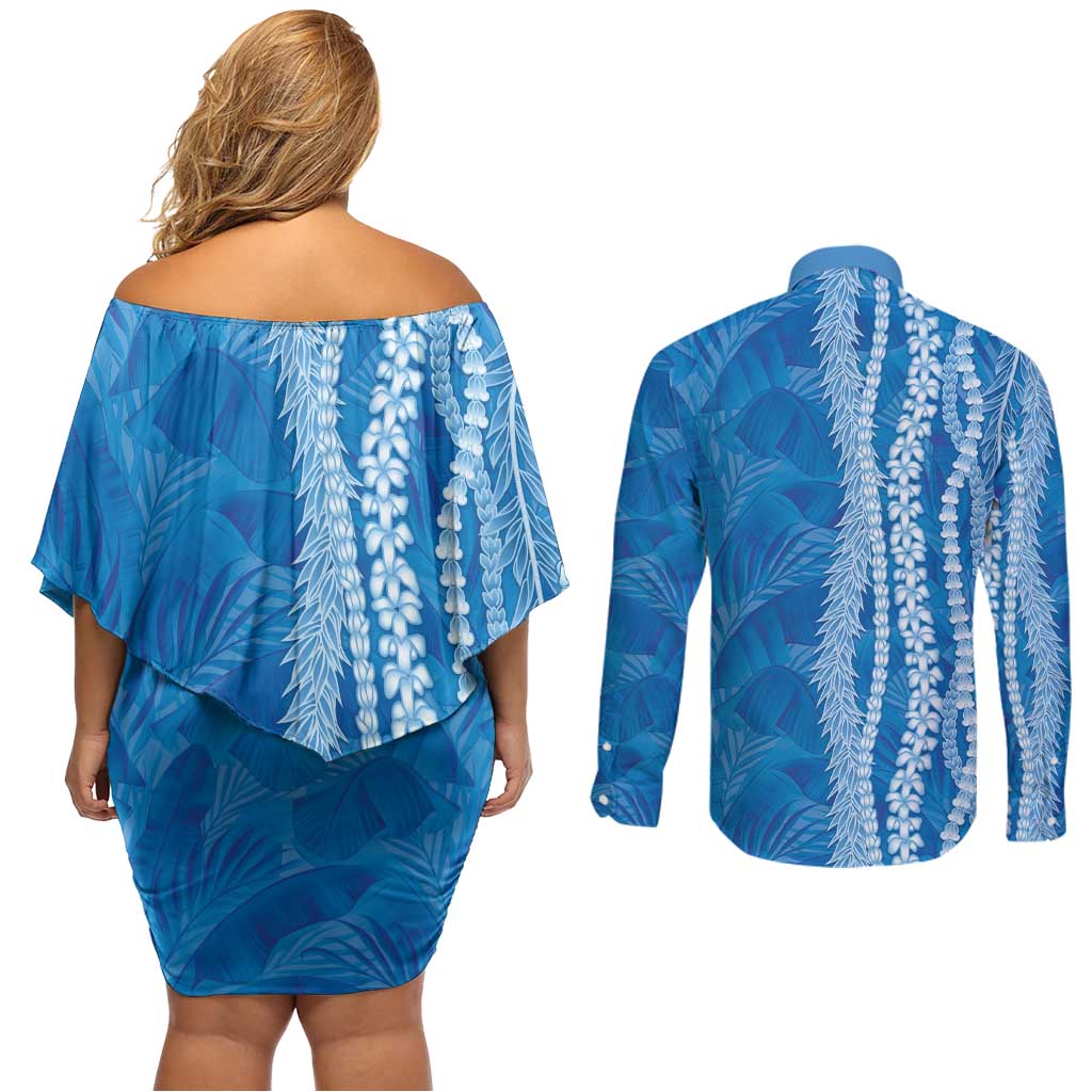 Hawaii Prince Kuhio Couples Matching Off Shoulder Short Dress and Long Sleeve Button Shirt Blue Hawaiian Lau Maia With Leis