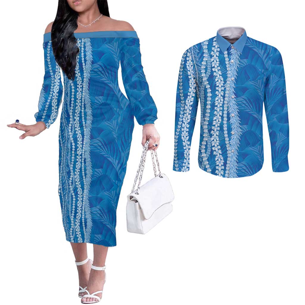 Hawaii Prince Kuhio Couples Matching Off The Shoulder Long Sleeve Dress and Long Sleeve Button Shirt Blue Hawaiian Lau Maia With Leis LT05 Blue - Polynesian Pride