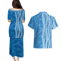 Hawaii Prince Kuhio Couples Matching Puletasi and Hawaiian Shirt Blue Hawaiian Lau Maia With Leis