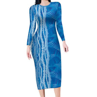 Hawaii Prince Kuhio Family Matching Long Sleeve Bodycon Dress and Hawaiian Shirt Blue Hawaiian Lau Maia With Leis LT05 Mom's Dress Blue - Polynesian Pride