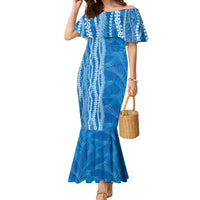 Hawaii Prince Kuhio Family Matching Mermaid Dress and Hawaiian Shirt Blue Hawaiian Lau Maia With Leis LT05 Mom's Dress Blue - Polynesian Pride
