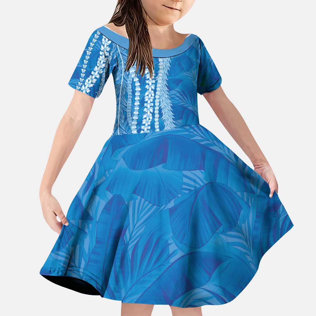 Hawaii Prince Kuhio Family Matching Off Shoulder Maxi Dress and Hawaiian Shirt Blue Hawaiian Lau Maia With Leis LT05 Daughter's Dress Blue - Polynesian Pride