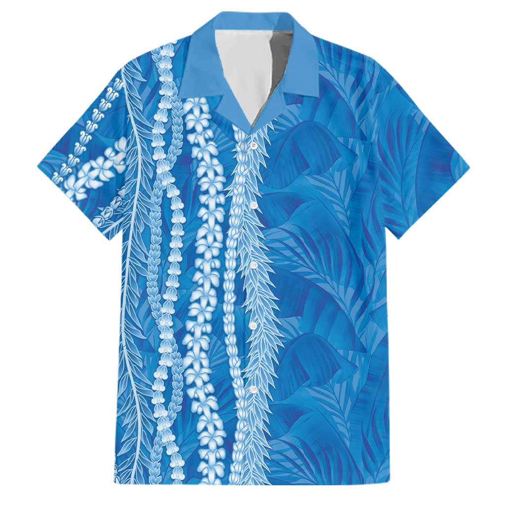 Hawaii Prince Kuhio Family Matching Off Shoulder Maxi Dress and Hawaiian Shirt Blue Hawaiian Lau Maia With Leis LT05 Dad's Shirt - Short Sleeve Blue - Polynesian Pride