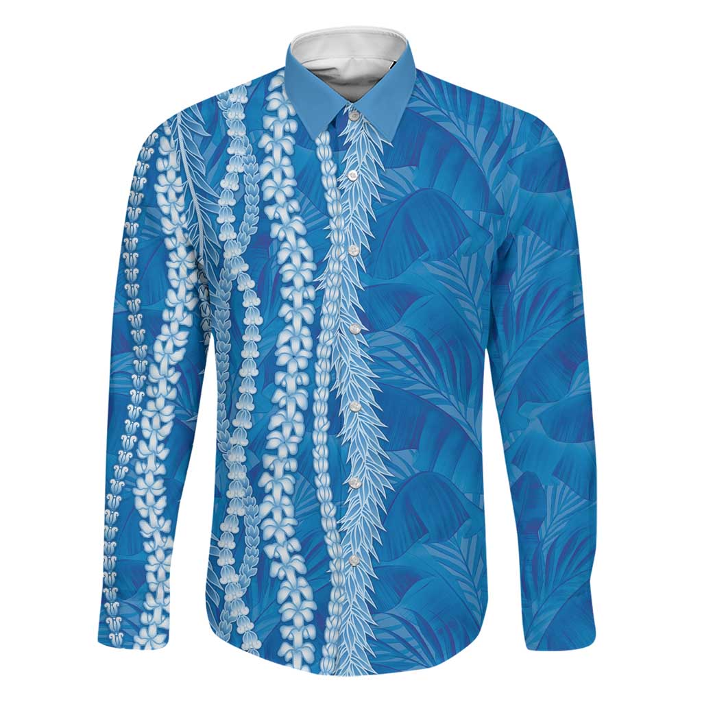 Hawaii Prince Kuhio Family Matching Off Shoulder Maxi Dress and Hawaiian Shirt Blue Hawaiian Lau Maia With Leis LT05 Dad's Shirt - Long Sleeve Blue - Polynesian Pride