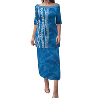 Hawaii Prince Kuhio Family Matching Puletasi and Hawaiian Shirt Blue Hawaiian Lau Maia With Leis LT05 Mom's Dress Blue - Polynesian Pride