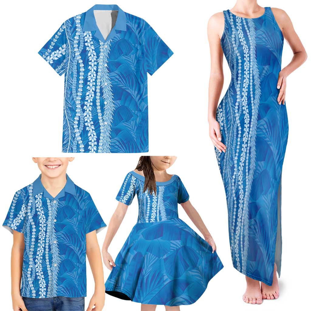 Hawaii Prince Kuhio Family Matching Tank Maxi Dress and Hawaiian Shirt Blue Hawaiian Lau Maia With Leis