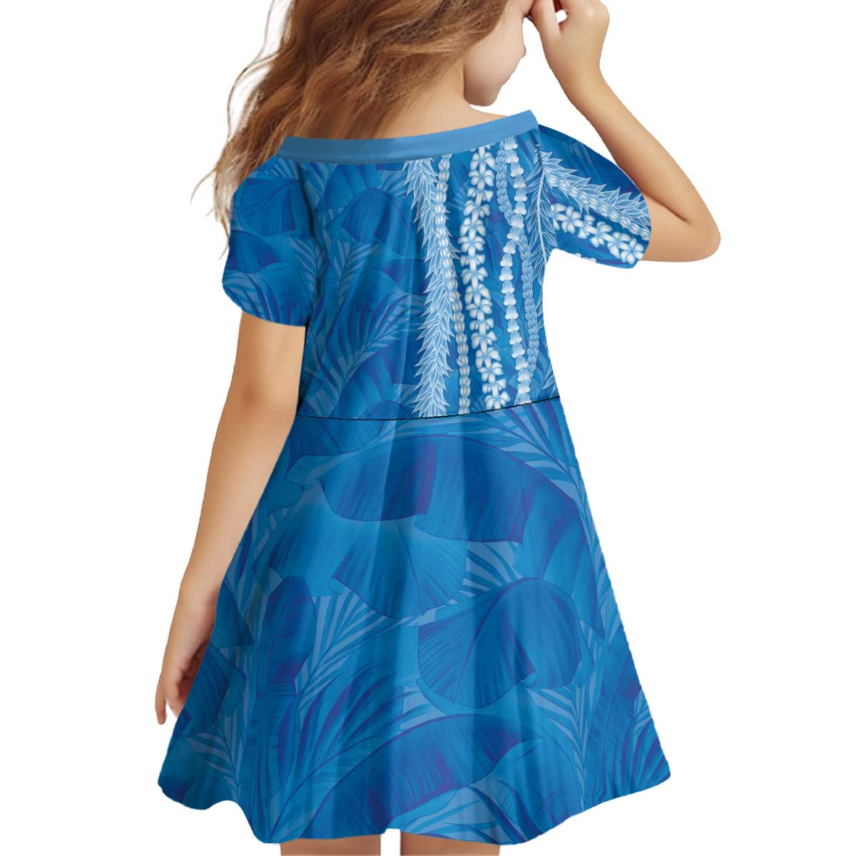 Hawaii Prince Kuhio Kid Short Sleeve Dress Blue Hawaiian Lau Maia With Leis