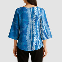 Hawaii Prince Kuhio Kimono Sleeve Blouse Blue Hawaiian Lau Maia With Leis
