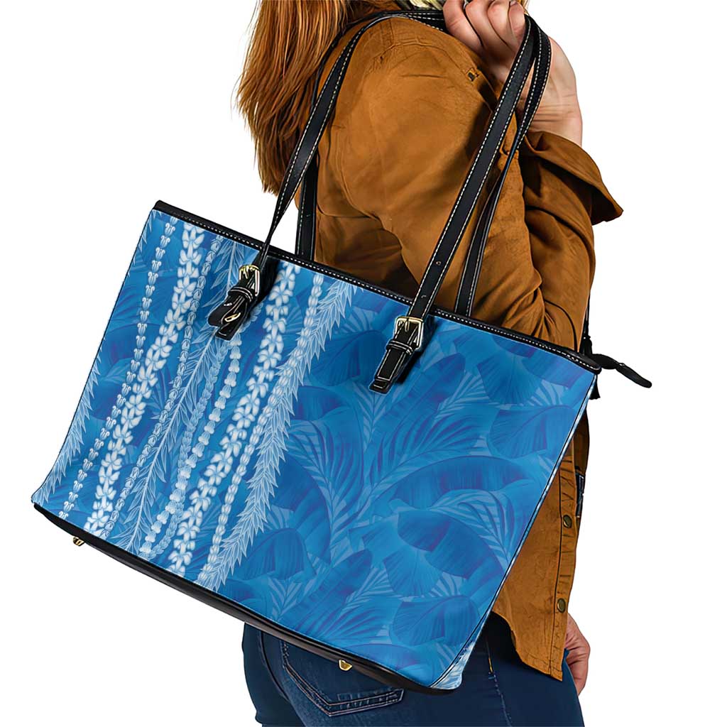 Hawaii Prince Kuhio Leather Tote Bag Blue Hawaiian Lau Maia With Leis