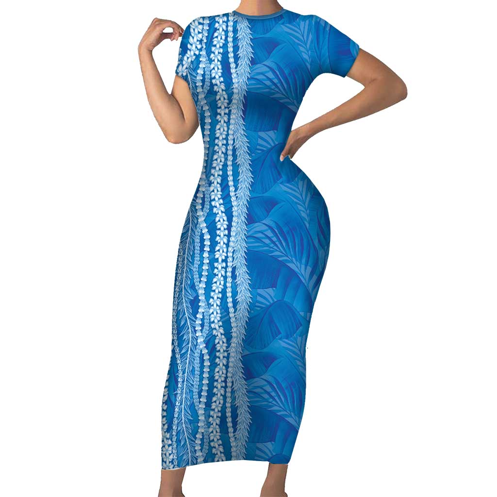 Hawaii Prince Kuhio Short Sleeve Bodycon Dress Blue Hawaiian Lau Maia With Leis LT05 Long Dress Blue - Polynesian Pride