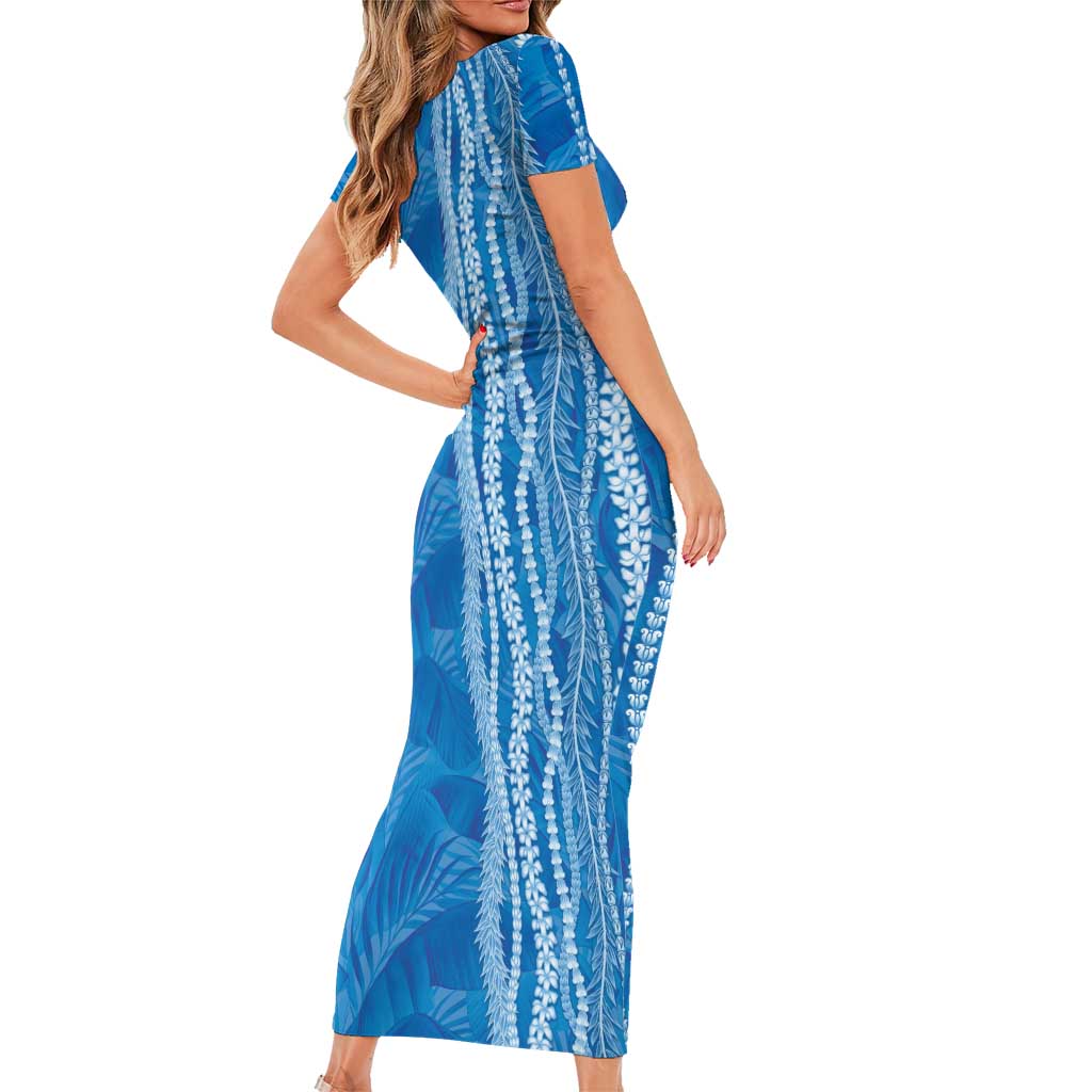 Hawaii Prince Kuhio Short Sleeve Bodycon Dress Blue Hawaiian Lau Maia With Leis LT05 - Polynesian Pride