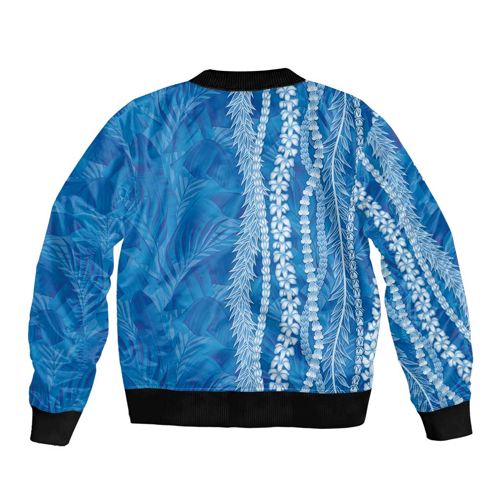 Hawaii Prince Kuhio Sleeve Zip Bomber Jacket Blue Hawaiian Lau Maia With Leis
