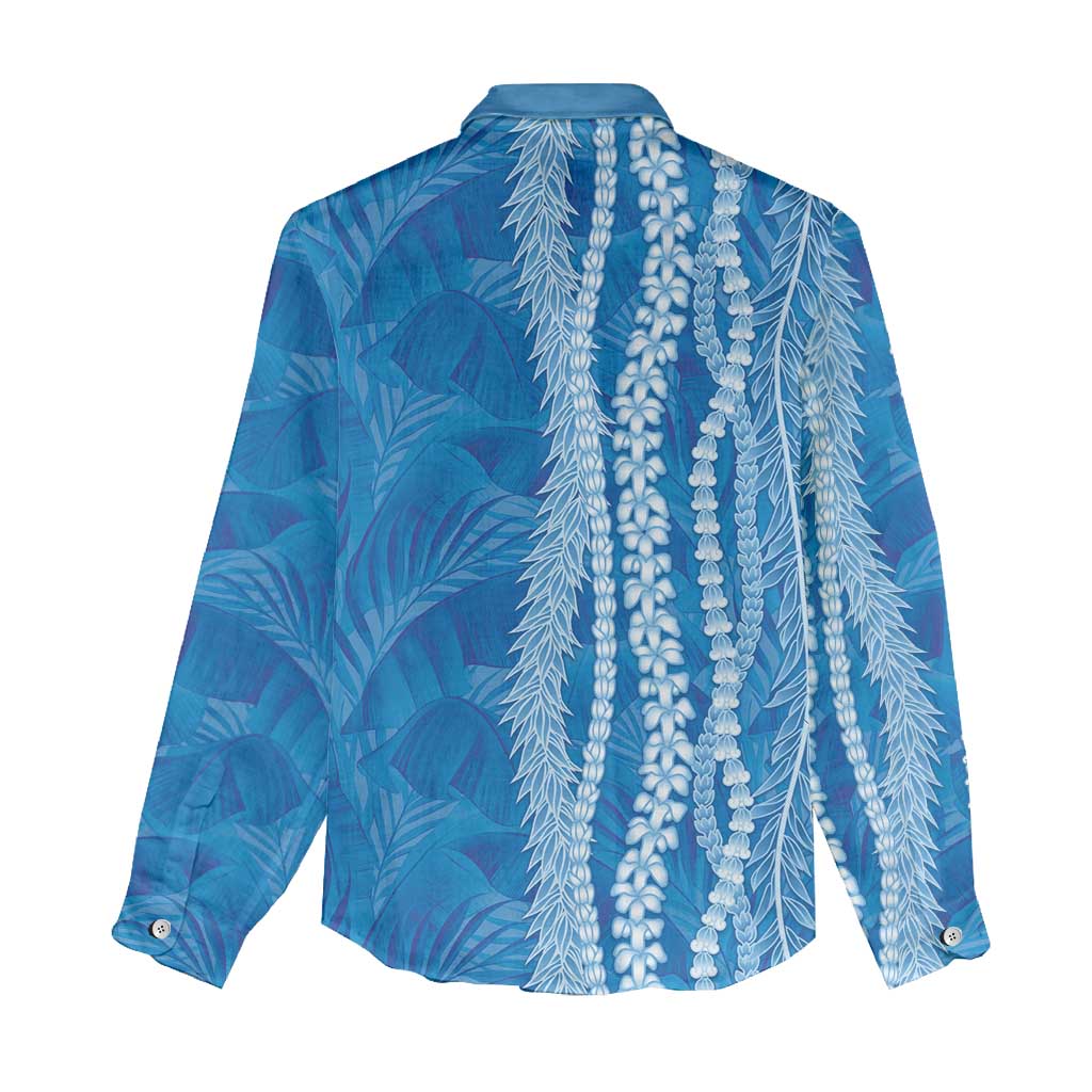 Hawaii Prince Kuhio Women Casual Shirt Blue Hawaiian Lau Maia With Leis