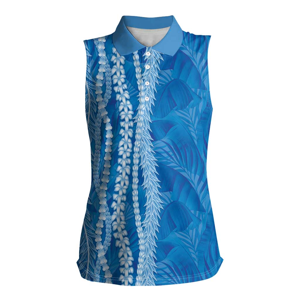 Hawaii Prince Kuhio Women Sleeveless Polo Shirt Blue Hawaiian Lau Maia With Leis