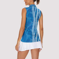 Hawaii Prince Kuhio Women Sleeveless Polo Shirt Blue Hawaiian Lau Maia With Leis