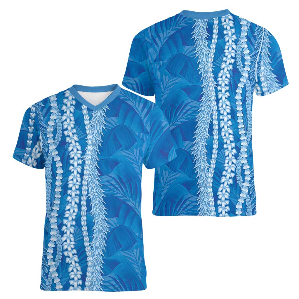 Hawaii Prince Kuhio Women V-Neck T-Shirt Blue Hawaiian Lau Maia With Leis