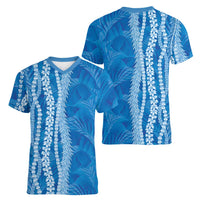 Hawaii Prince Kuhio Women V-Neck T-Shirt Blue Hawaiian Lau Maia With Leis
