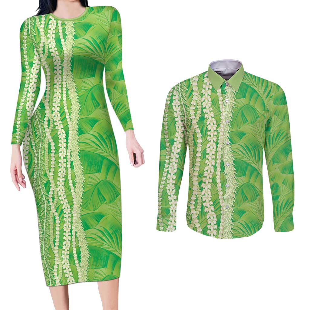 Hawaii Prince Kuhio Couples Matching Long Sleeve Bodycon Dress and Long Sleeve Button Shirt Lime Green Hawaiian Lau Maia With Leis LT05 Green - Polynesian Pride