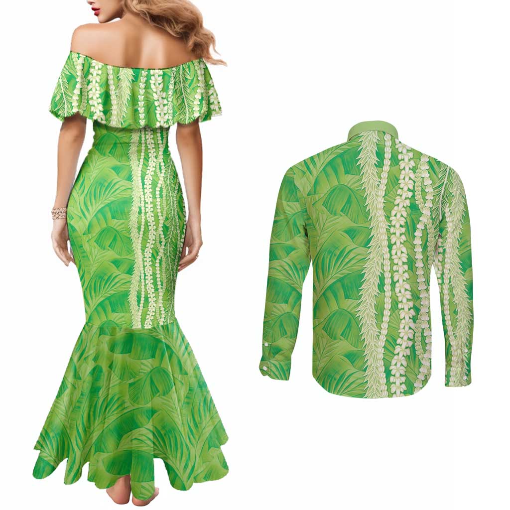 Hawaii Prince Kuhio Couples Matching Mermaid Dress and Long Sleeve Button Shirt Lime Green Hawaiian Lau Maia With Leis LT05 - Polynesian Pride