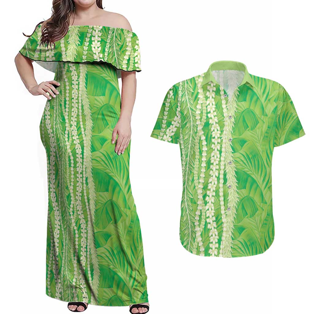 Hawaii Prince Kuhio Couples Matching Off Shoulder Maxi Dress and Hawaiian Shirt Lime Green Hawaiian Lau Maia With Leis LT05 Green - Polynesian Pride