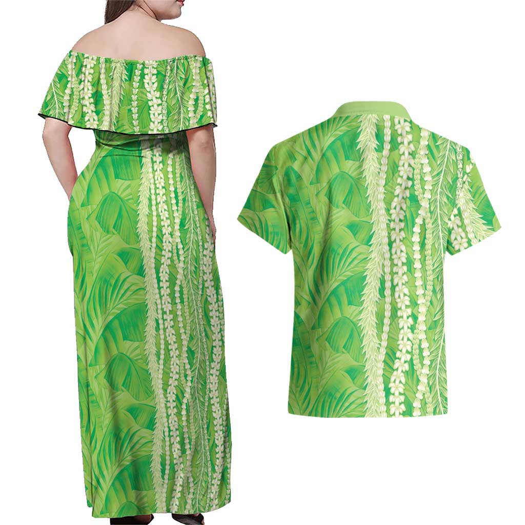 Hawaii Prince Kuhio Couples Matching Off Shoulder Maxi Dress and Hawaiian Shirt Lime Green Hawaiian Lau Maia With Leis LT05 - Polynesian Pride