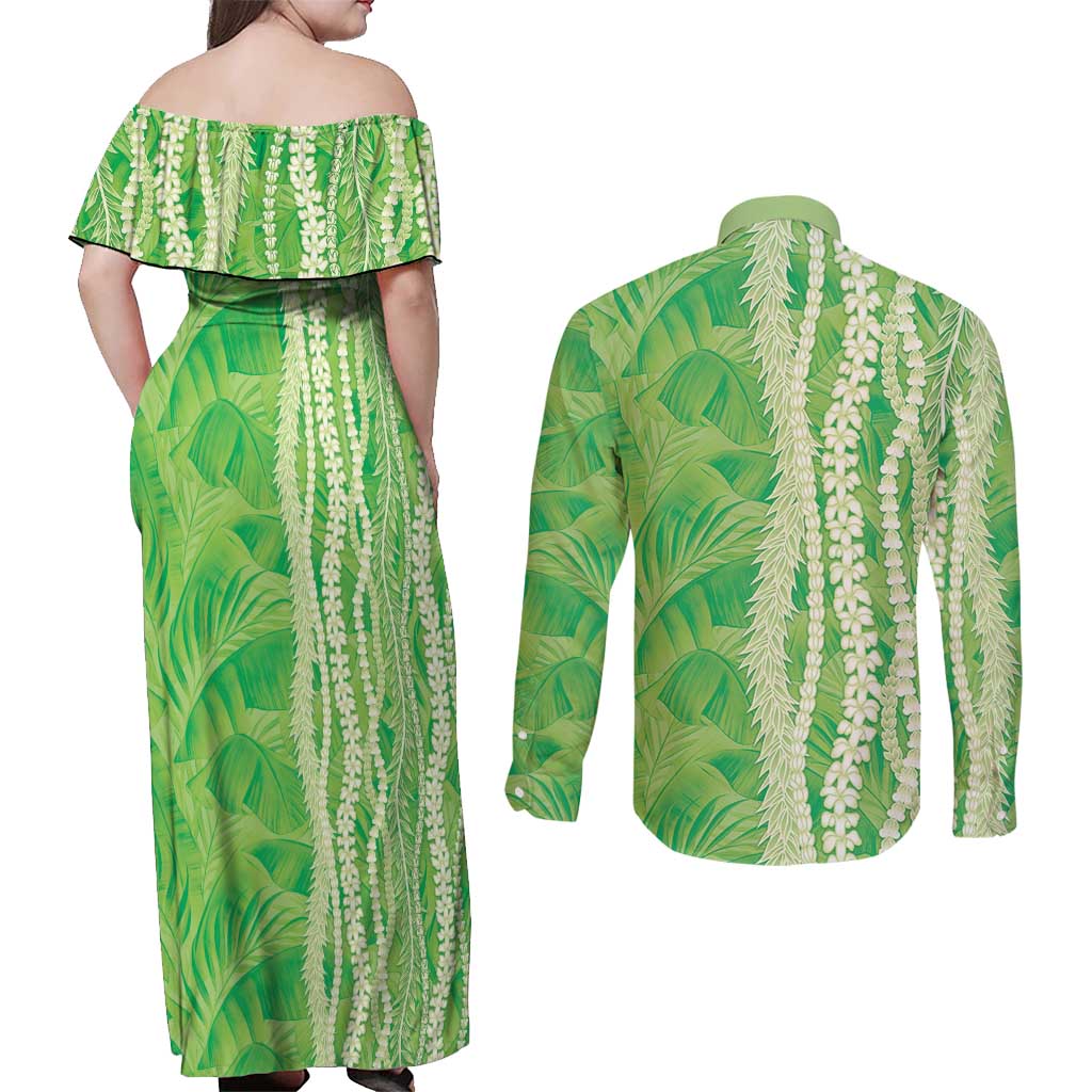 Hawaii Prince Kuhio Couples Matching Off Shoulder Maxi Dress and Long Sleeve Button Shirt Lime Green Hawaiian Lau Maia With Leis