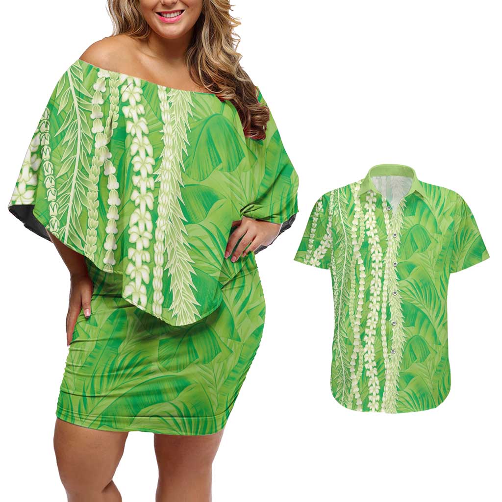 Hawaii Prince Kuhio Couples Matching Off Shoulder Short Dress and Hawaiian Shirt Lime Green Hawaiian Lau Maia With Leis LT05 Green - Polynesian Pride