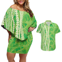 Hawaii Prince Kuhio Couples Matching Off Shoulder Short Dress and Hawaiian Shirt Lime Green Hawaiian Lau Maia With Leis LT05 Green - Polynesian Pride