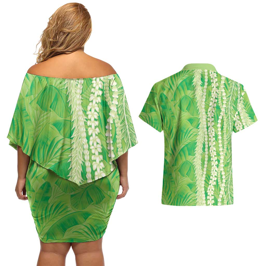 Hawaii Prince Kuhio Couples Matching Off Shoulder Short Dress and Hawaiian Shirt Lime Green Hawaiian Lau Maia With Leis LT05 - Polynesian Pride